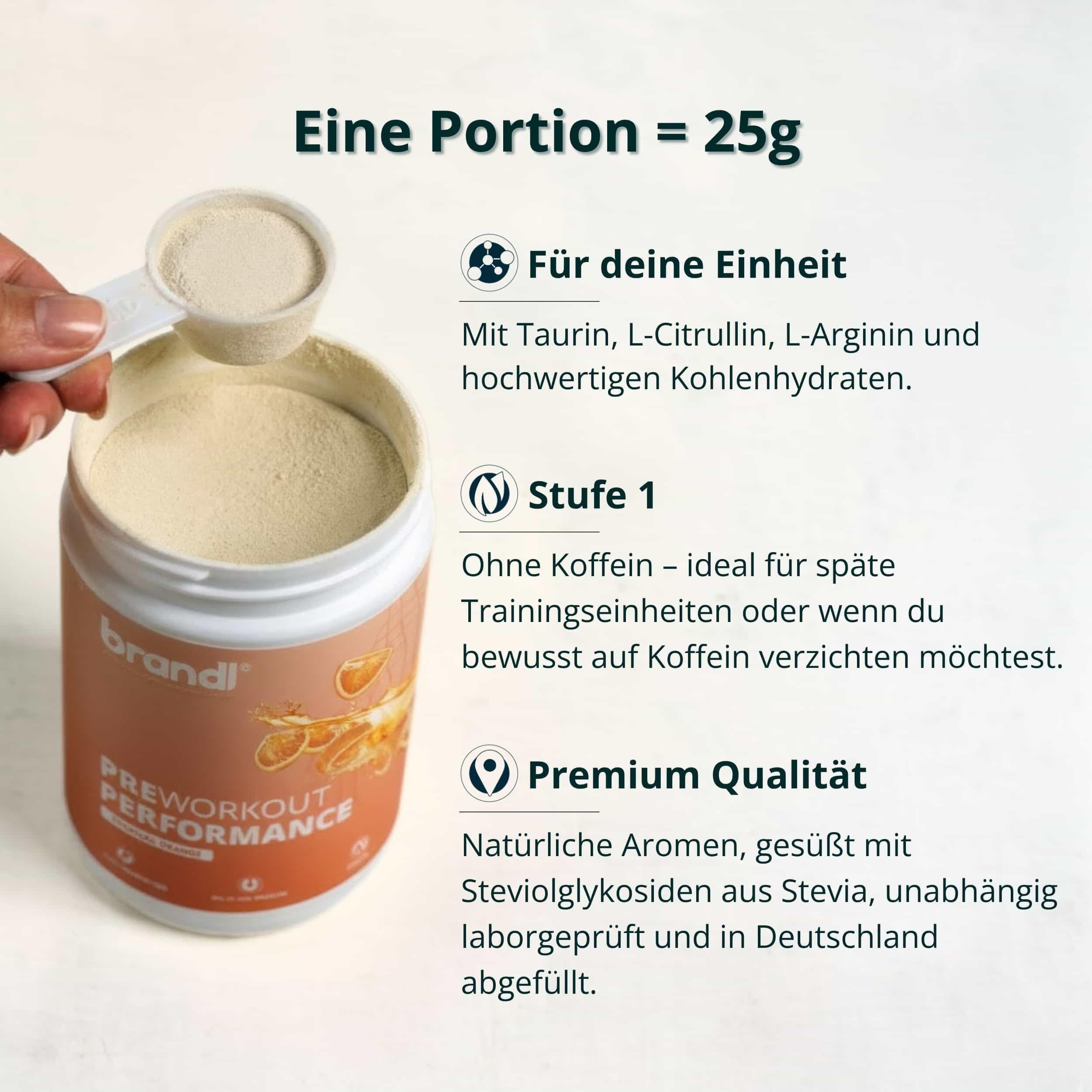 Pre Workout Booster/Shake, Vitamin B6, l-Citrullin, Arginin & DL-Malat, für Gym, Workout und Performance, flavour pulver tropical orange, unabhängig laborgeprüft – Stufe 1 – XL 500g ohne Koffein
