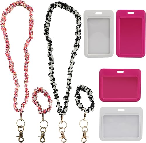 4-Pack Scrunchie Lanyard with ID Holder, Soft Fabric Neck Strap, Colorful Key Te