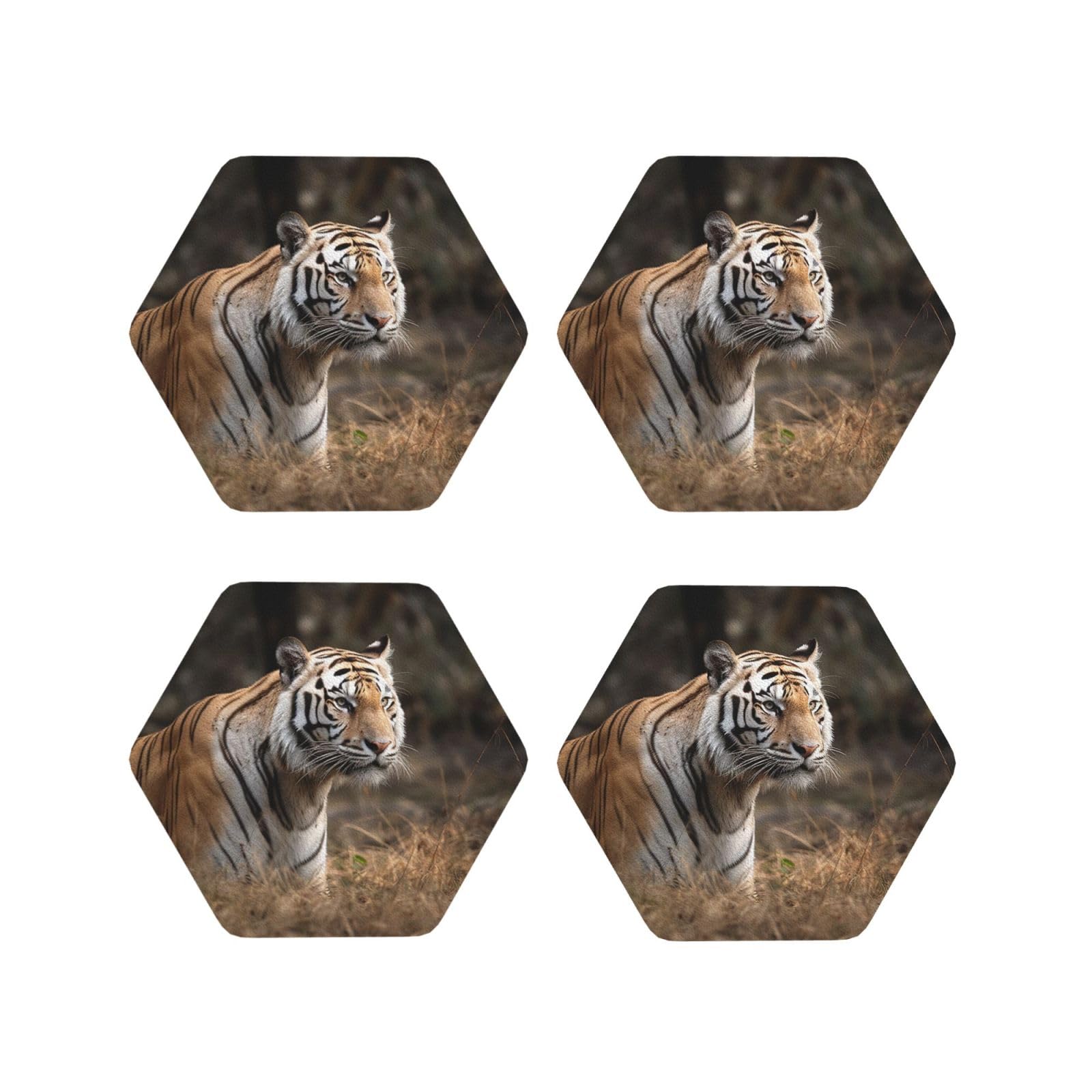 4Pcs PU Leather Coaster for Drinks, Wildlife Tiger Cup Coastersr 4" Cup Mat Pad, Aesthetic Drink Coasters for Coffee Table, Hexagon Coaster for Tabletop Protection
