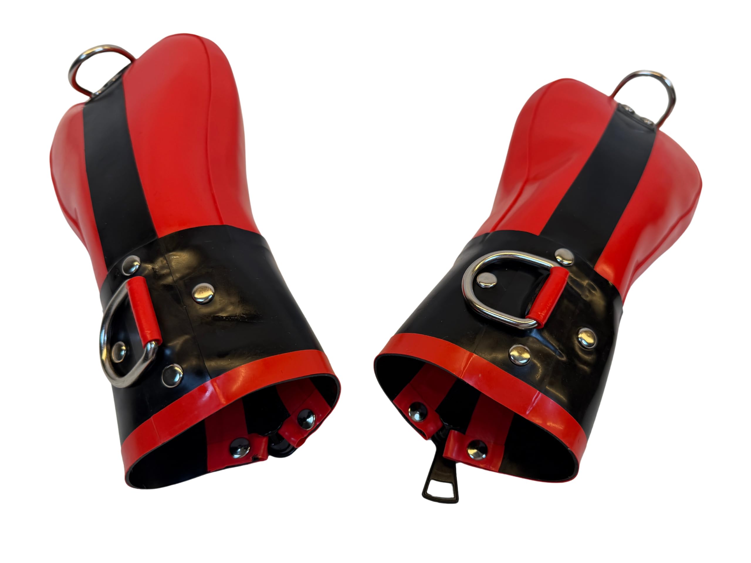 VHP Latex Handfesseln – Bondage Mitts – 1mm Echtlatex – Reißverschluss – Metallkette – BDSM – Rot/Schwarz – Größe M