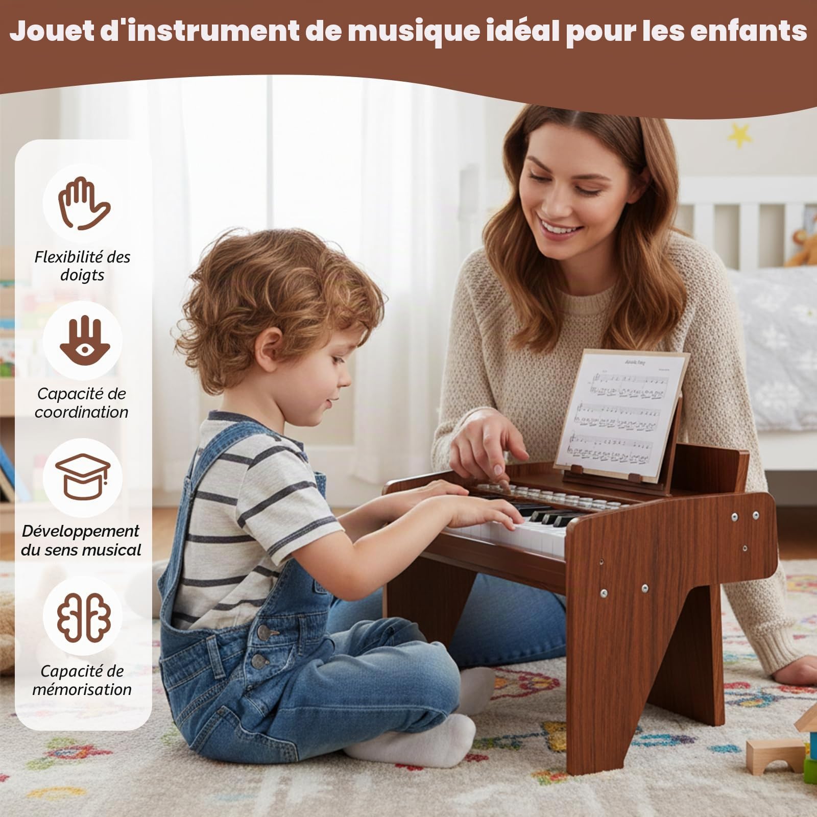 KOMFOTTEU Clavier 25 Touches pour Enfants, Piano Électronique avec Touche Lumineuse & Pupitre, Piano Numérique pour Enfant de 3 Ans+, Enregistrement & Lecture, Mode Apprentissage (Marron)