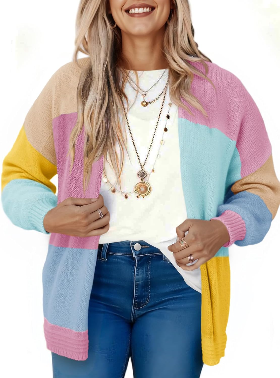 Saodimallsu Womens Boho Cardigans Colorful Long Sleeve Cardigan Open Front Sweaters Chunky Knit Coats Loose Fit 2025