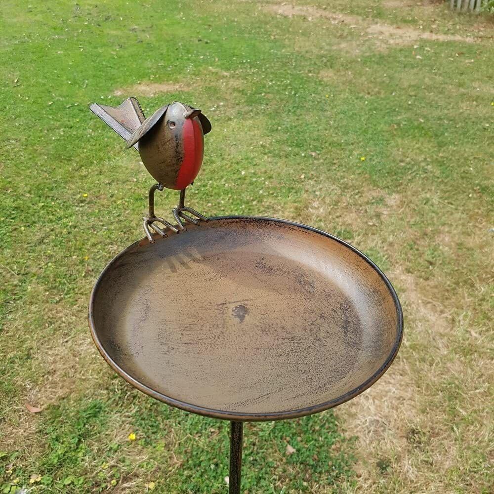 Burgess Home & Garden Brown Robin Bird Bath On Tall Spike | Metal Tin British Garden Bird Statue Ornament