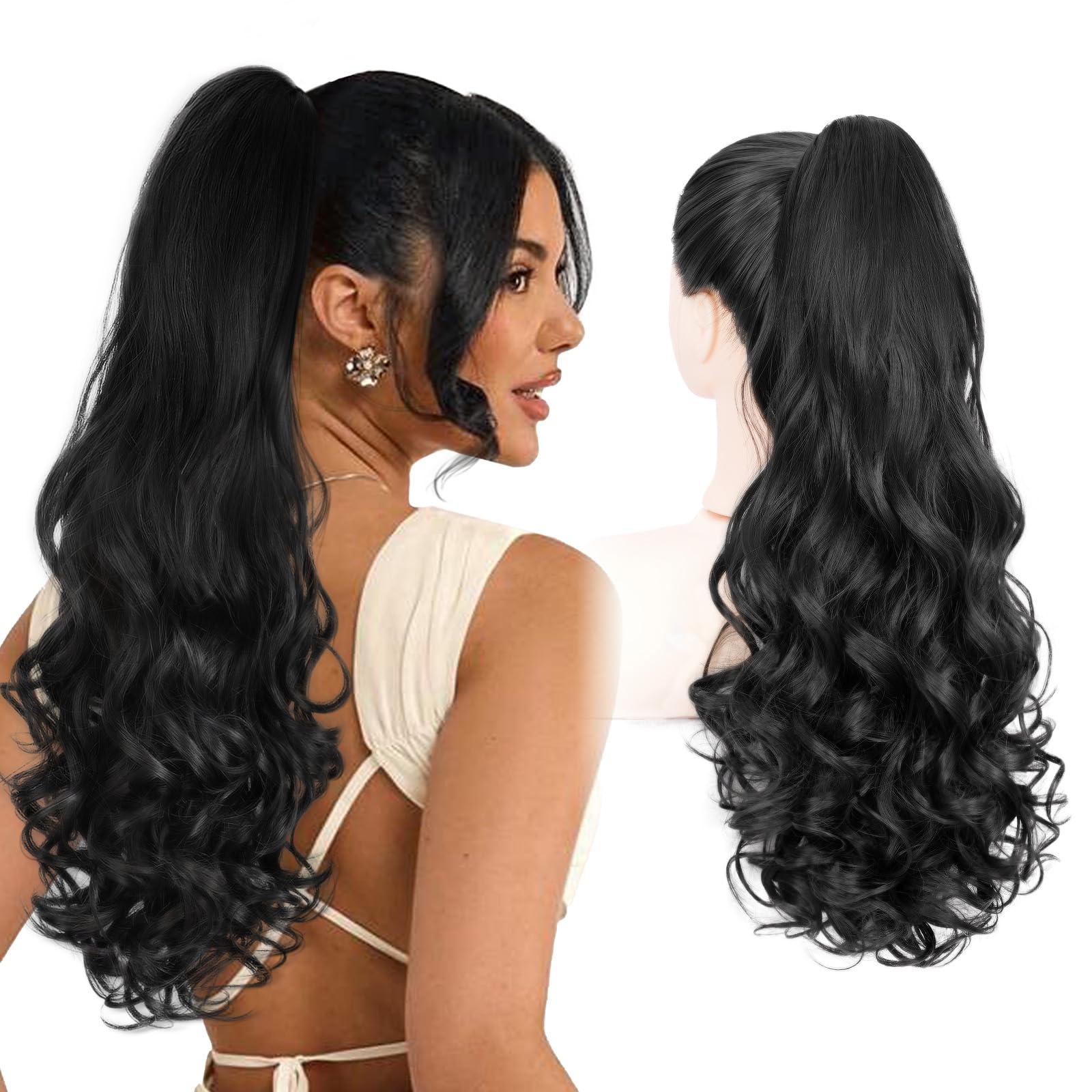 Ponytail Extension, 24 Inch Natural Black Long Curly Wavy Claw Clip in Pony Tails Hair Extensions, Natural Looking Synthetic Hairpiece for Women