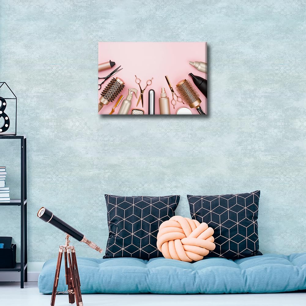 1 Piece Hair Salon Canvas Art Wall Decor Golden Haircut Tools on Pink Background Bedroom Wall Art Pictures for Living Room Powder Room Modern Wall Art Stretched and Framed Ready to Hang 18x12in - Image 3