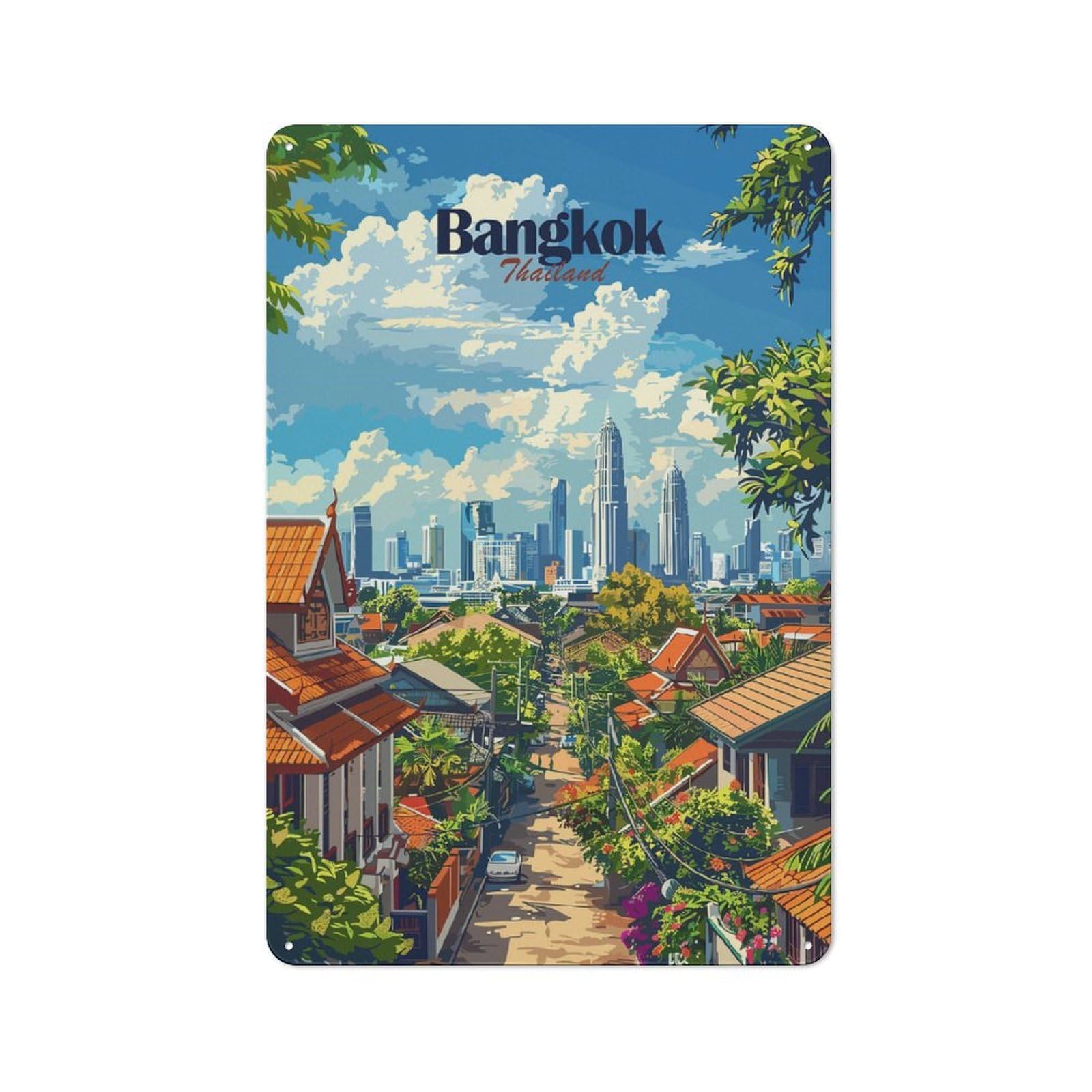 Junmoney Style-13 Bangkok Cityscape Metal Wall Sign 30X20cm, Rustic Decor For Workshop Wall, For Vintage Wall Decor Fans, For Themed Room Decoration