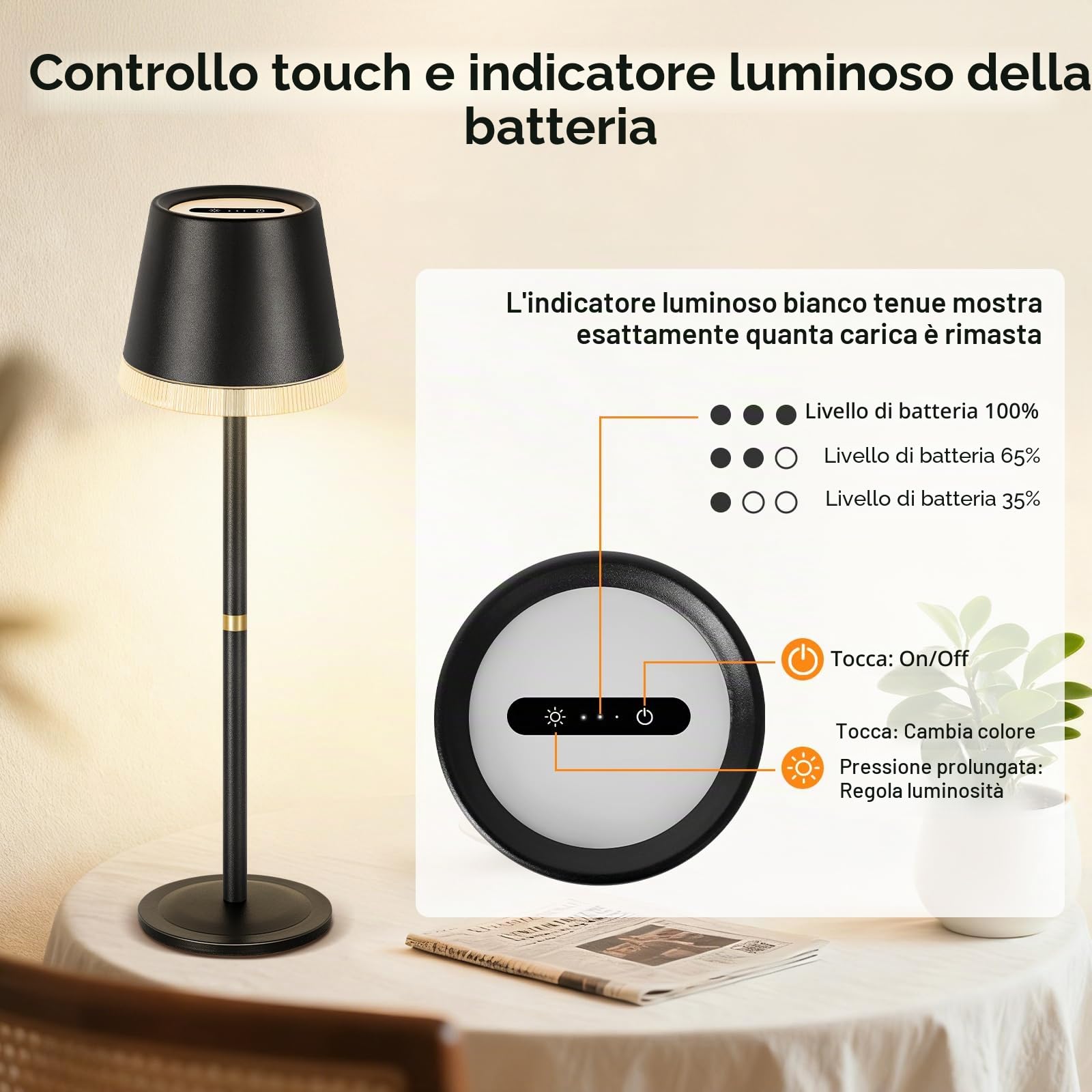 OUTON 2 Pezzi Lampada da Tavolo Senza Fili con 3 Modalità, Nero | Colore e Luce RGB, Lampada LED Ricaricabile con Touch, Dimmerabile, Memoria, Impermeabile IP54 per Camera da Letto