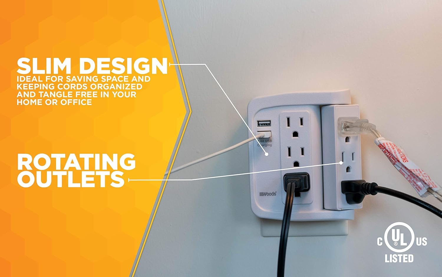 Southwire Woods 6 Space Saver Swivel Wall Tap - 3 Rotating Outlets - 2 USB Ports 2.4A - 500J Appliance Surge Protector - cULus Listed - White