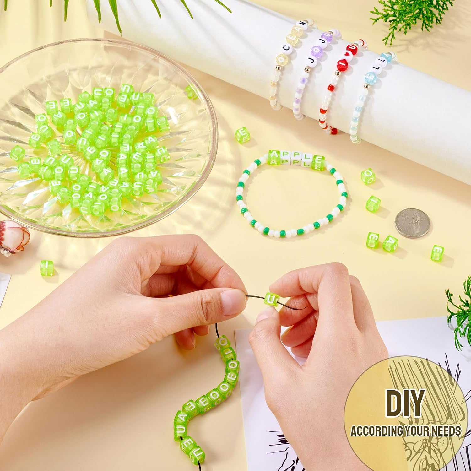 Elcrelive 100Pcs 7mm Cube Letter Beads Transparent Acrylic Alphabet Beads Light Green Vowel AEIOU Letter Loose Spacer Charms for Friendship Bracelet Necklace Summer Jewelry image 2
