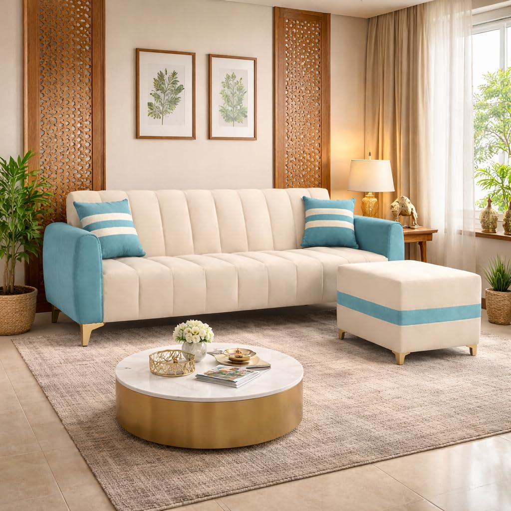 RYTHMN Dual Tone Plush Velvet 3 Seater Sofa Set with Ottoman | Silken Velvet Suede Upholstery | Golden Metal Legs | Designer Sofa for Living Rooms & Office Spaces (Sky Blue & Cream)-image-19
