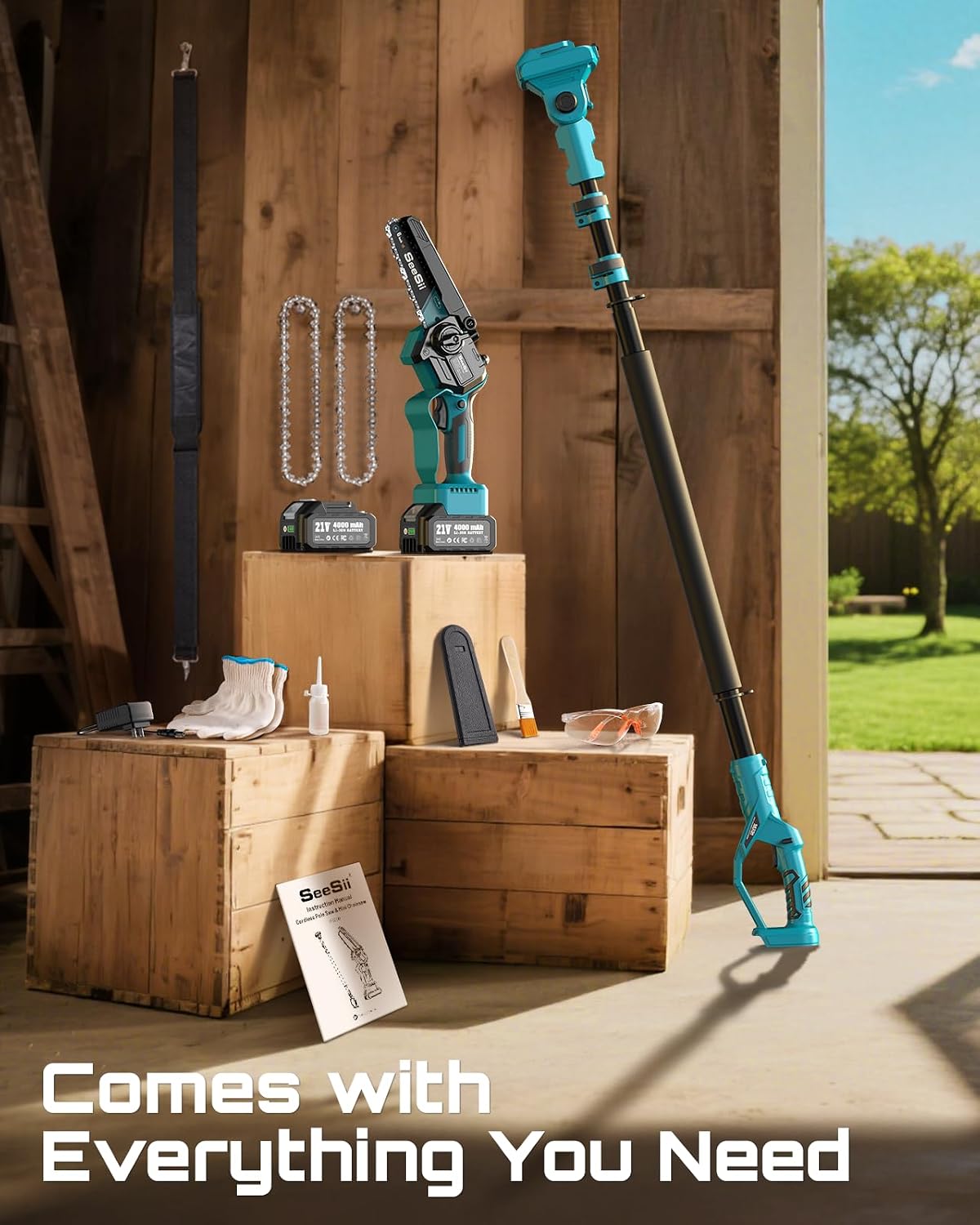 Close-up image showing how to attach the mini chainsaw unit to the telescopic pole, highlighting the connection point.