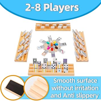 Doreimi Upgraded Mexican Train Dominoes Set with Wooden Hub and 8 Racks/Trays+Rummy Cube 6 Player Upgraded Edition with 6 Wooden Racks