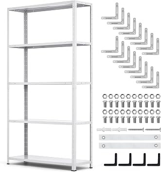 5 Tier Heavy Duty Steel Shelving Unit, 500 lbs Capacity Garage Storage Shelves with Adjustable Height, Metal Shelves, Industrial Shelves for Indoor Outdoor Use in Kitchen, Pantry, Living Room, White
