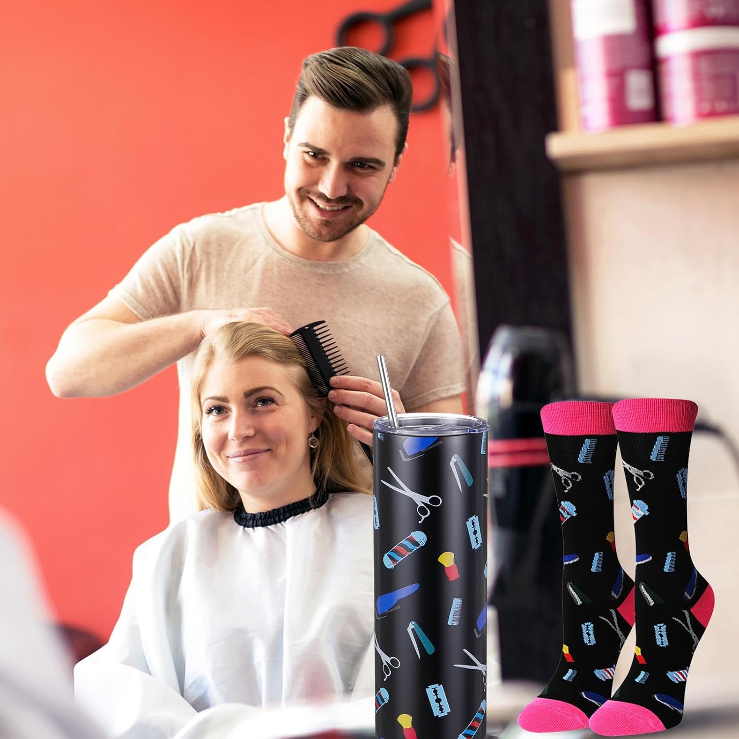 Umigy 2 Pcs Hairdresser Graduation Gifts for Women Hair Stylist Tumbler and Novelty Barber Socks 20 oz Stainless Steel Tumbler with Lids and Straw for Hairdresser Cosmetology Female Gifts Ideal - Image 5