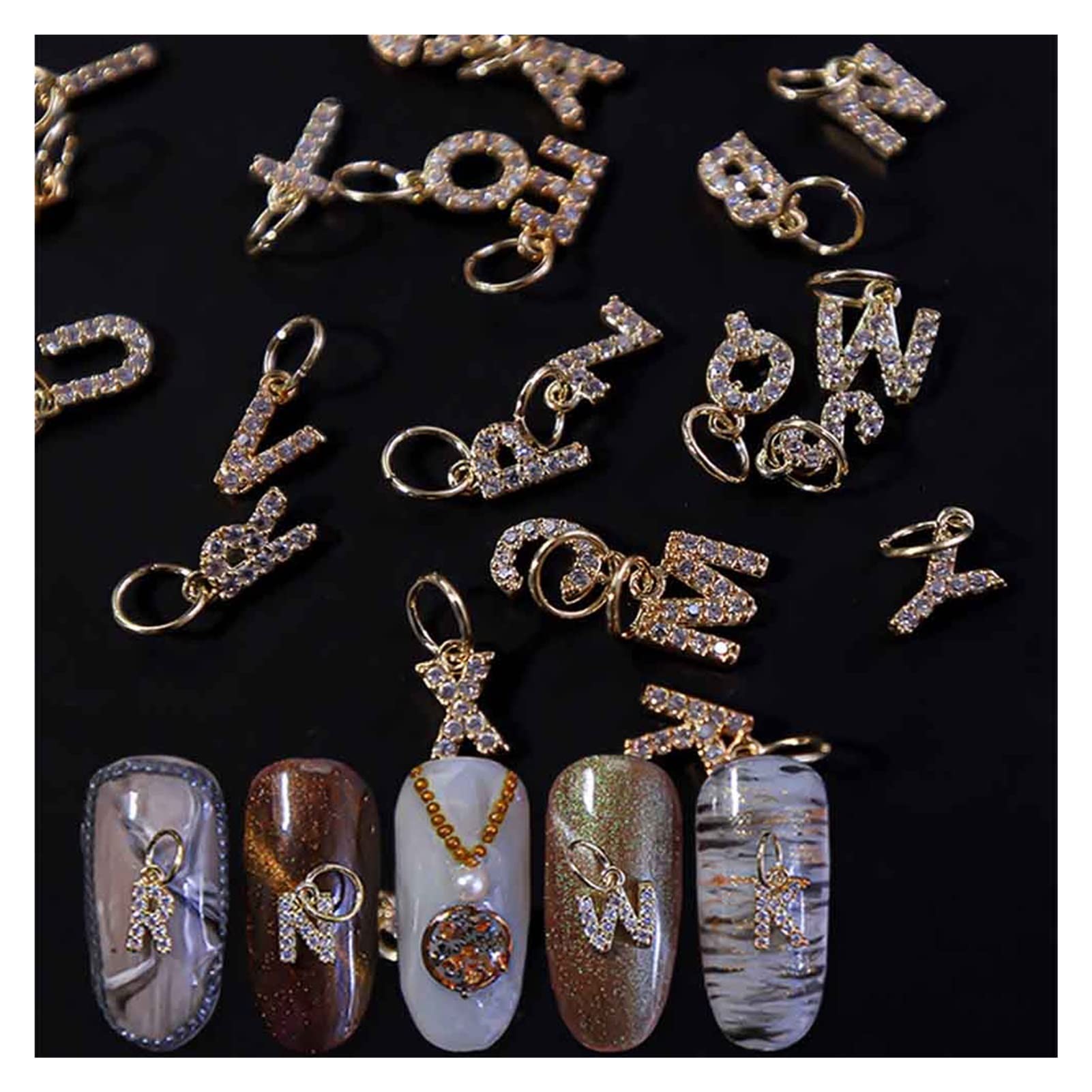 26 Lettere/Lot 3D Zircon Nail Art Charms Piercing Alphabet Dangle, 2 6pc. Set di Gioielli A-Z. Decorazioni for Unghie in Metallo Alfabeto Oro # 1002# wanglan