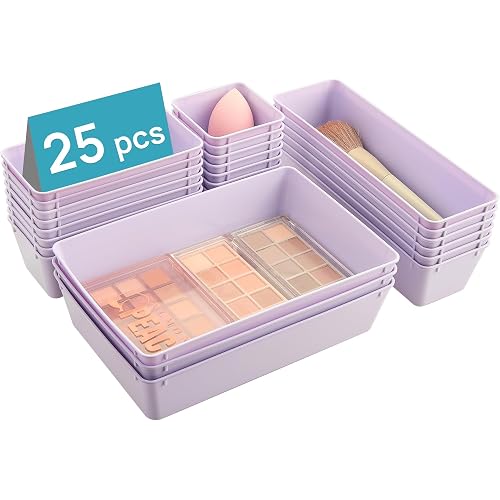 Vtopmart 25 PCS Plastic Drawer Organizers Set, 4-Size Versatile Bathroom and Vanity Drawer Organizer Trays, Storage Bins for Makeup, Bedroom, Kitchen Gadgets Utensils and Office