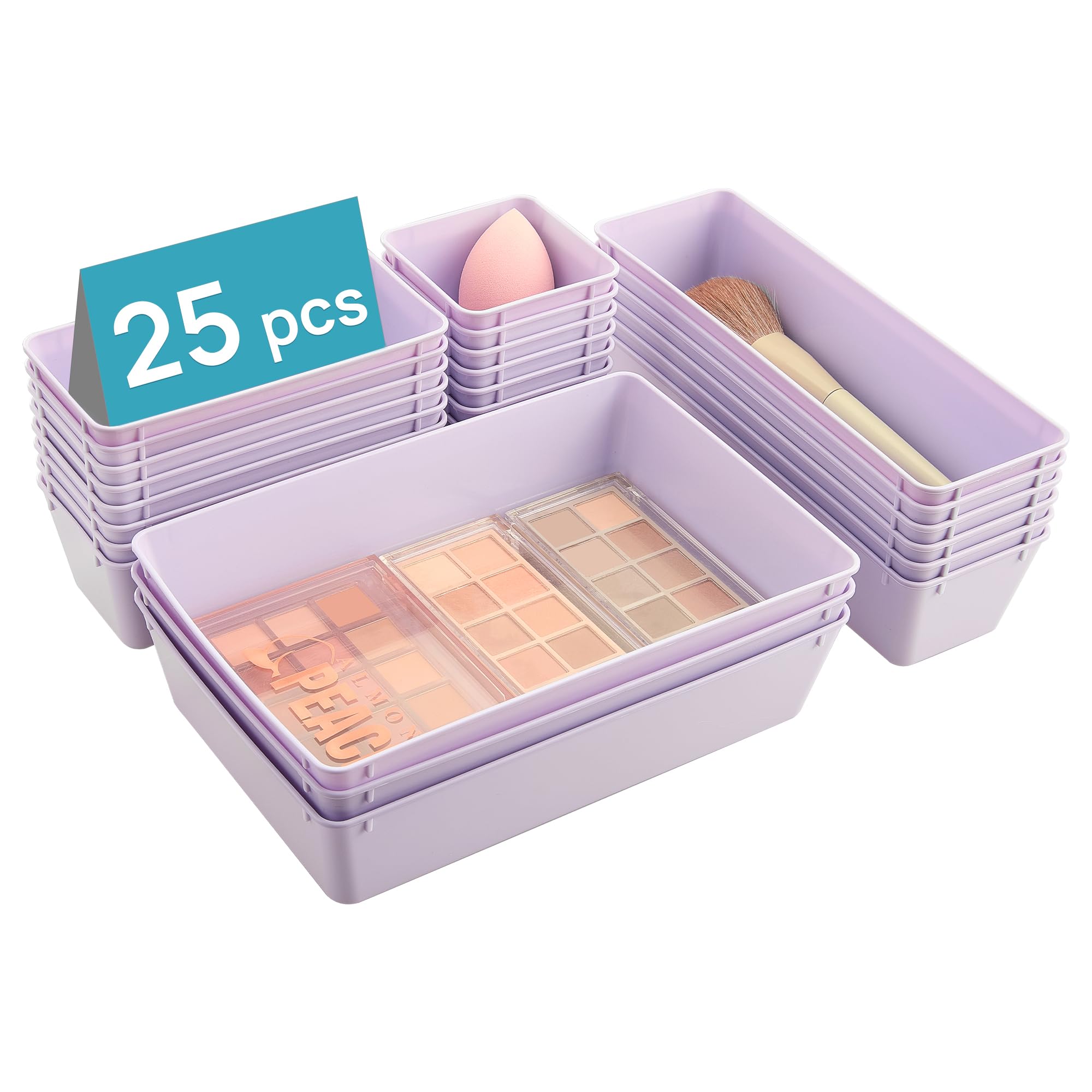 Vtopmart 25 Pack Plastic Drawer Organizers with Non-slip Rubber Pads | 4-Size Versatile Makeup Organizer, Storage Containers Small Bins for Makeup, Jewelries, Bedroom, Kitchen Utensils and Office Lilac 25 Pack