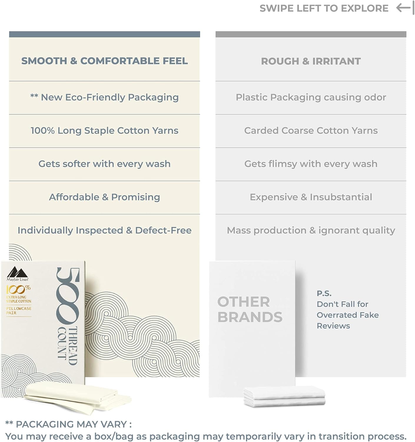 Mayfair Linen 100% Cotton King Size Pillowcases Set of 4-500 Thread Count Cotton Pillow Cases, Ultra Soft Cool Sateen Weave Pillowcases, Set of 4 Pillow Covers for King Pillows (Ivory)