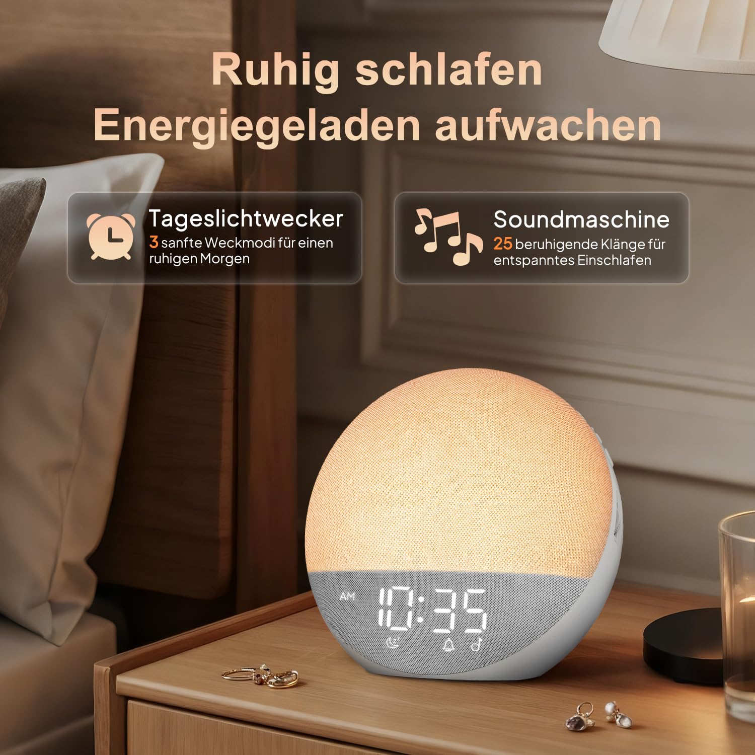 Sveglia luminosa Diurna White Noise Machine: luce sveglia naturale con Bluetooth - 25 suoni della natura - Luce notturna RGB per adulti e bambini in camera da letto