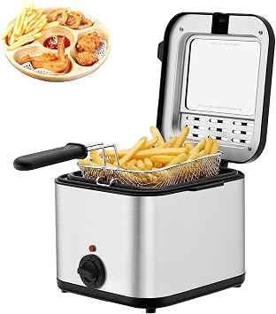 Electric Deep Fryer, 110V/50Hz 1000W Stainless Steel Small Deep Fryer with Basket & Lid,2.5L Deep Fryer Pot Adjustable Temperature Control for Kitchen Home Use