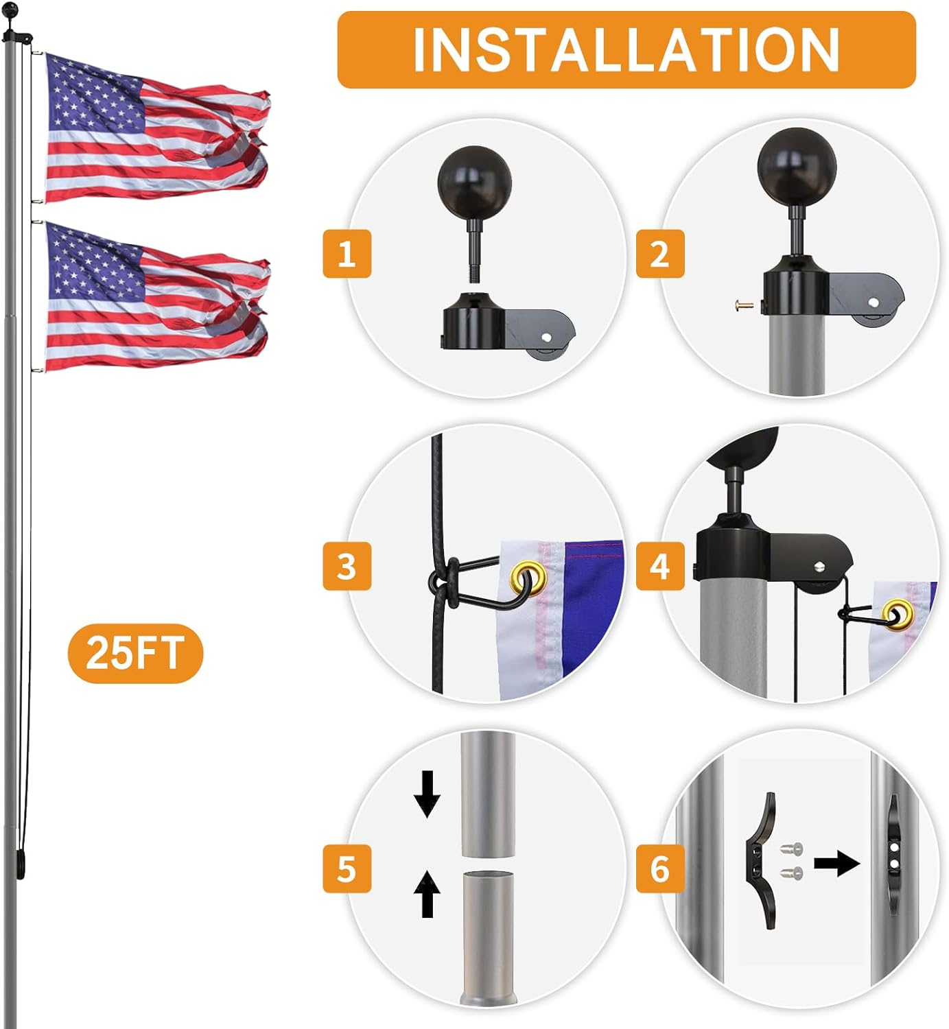 NELXINJO Heavy Duty 25FT Flag Pole -12 Gauge Extra Thick Aluminum Flagpole kit for Outside House,100MPH Wind Tested