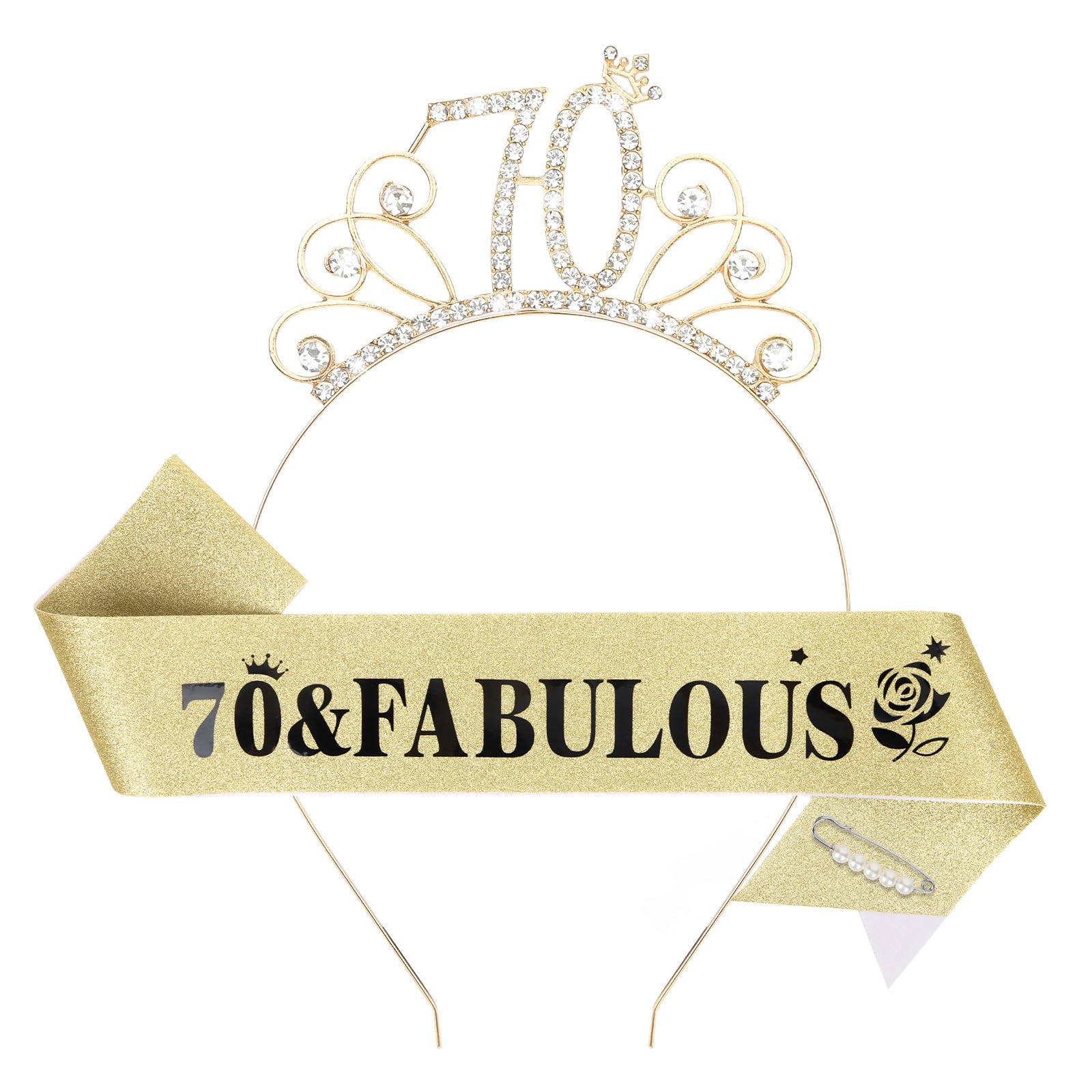 YARIEW 70th Birthday Headband and Birthday Sash + Pearl Pin Set, 70 & Fabulous Crown and Sash, Happy 70th Birthday Decorations for Women, 70th