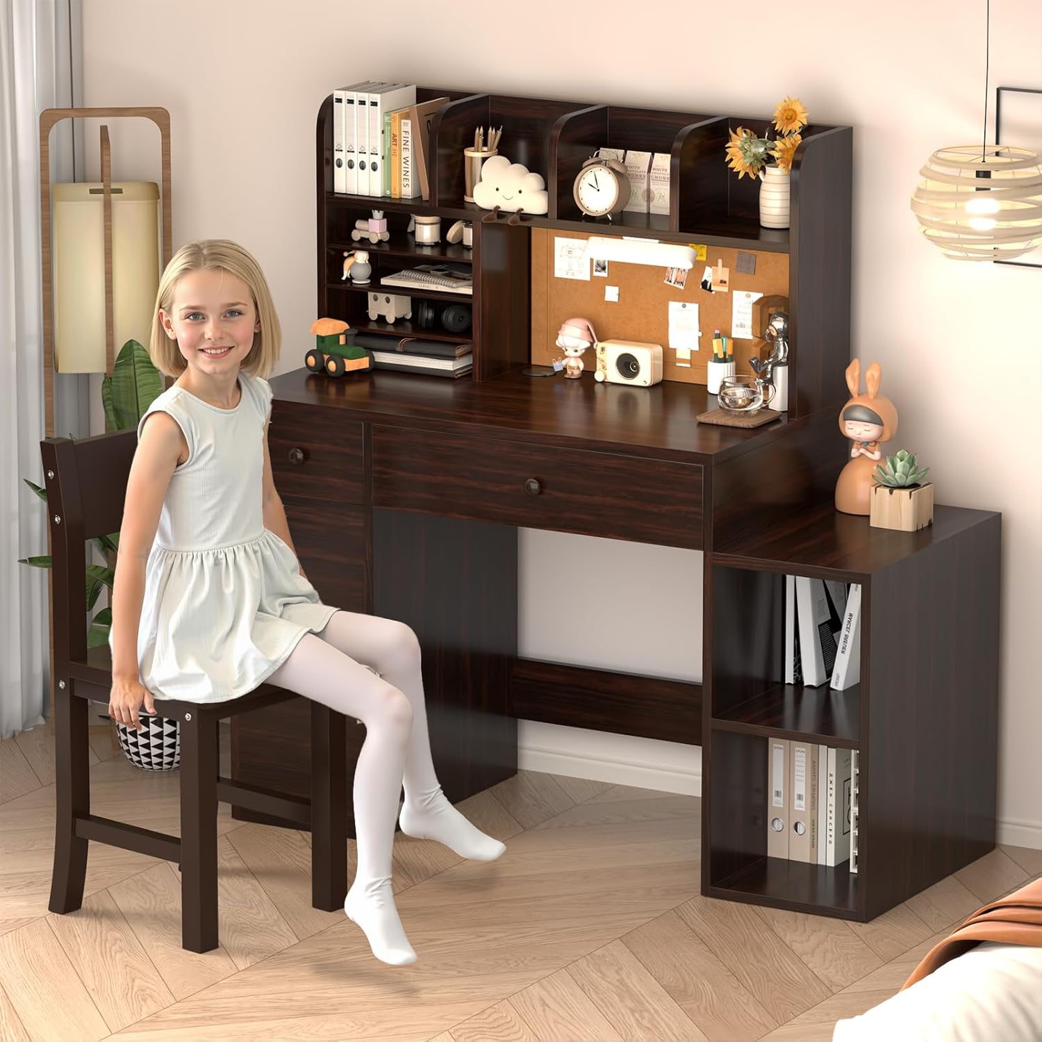 Wooden Espresso Kids Study Desk and Chair Set with Light, 2 Drawers and 4 Storage Cabinets, Children Desk with 4 Open Hutch and Shelves, Girls Study Desk for Kids Bedroom-003