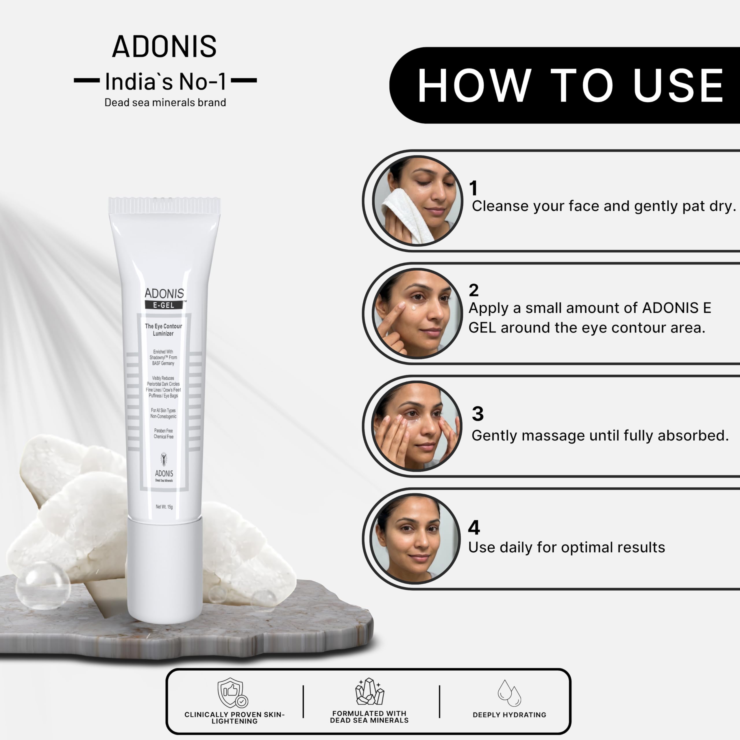 ADONIS E GEL Under Eye Gel, Eye Gel | for Healthy Eyes Dark Circles Puffy Eyes, Wrinkles & Removal of Fine Lines Women & Men use 15 gm — Amazon image 5