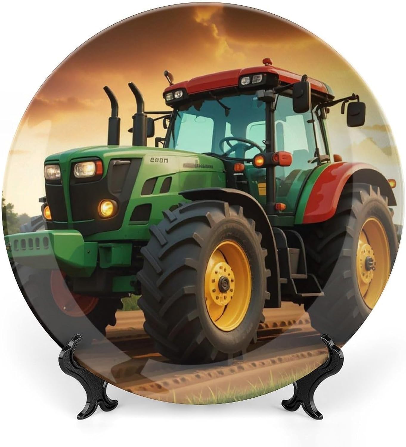 Tractor Theme Decorative Ceramic Plate Round Porcelain Plate Decor Personalized Bone China Decorative Plates Ceramic Ornaments Dessert Plates with Display Stand 10inch
