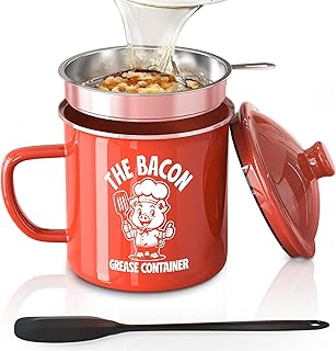 PGYARD Bacon Grease Saver With Strainer - 46OZ Enamel Grease Container, Farmhouse Bacon Grease Keeper For Kitchen Fat Storage, Dishwasher Safe-Red