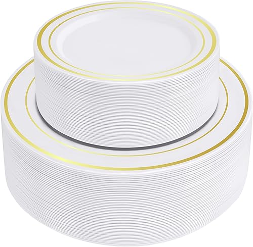 SETUP 100 platos de plástico con borde de oro blanco combinados, platos desechables para fiestas, platos de boda de alta resistencia, 50 platos