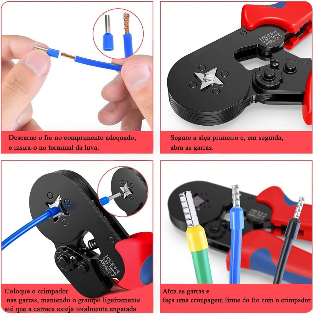 Alicate de Crimpar com Kit 1200 Terminais, Ferramentas de crimpagem autoajustáveis para 0,25-10mm², terminal de cabo de aço com ponteira quadrada