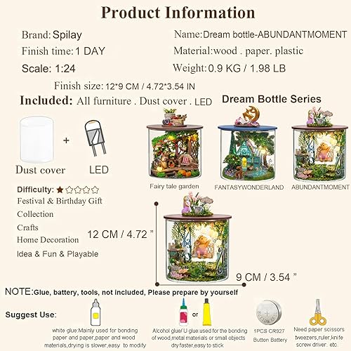 Miniatura 4 de Spilay Kit de muebles de madera en miniatura para casa de muñecas, modelo de casa de muñecas hecha a mano con cubierta antipolvo y LED, escala 124,