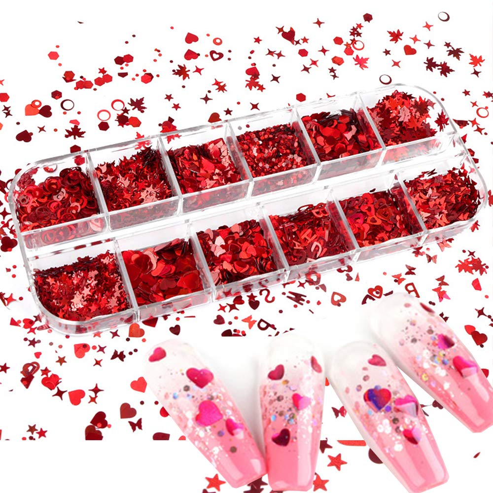 Photo 1 of (BUNDLE OF FOUR) Red Valentine's Day Nail Art 3D Red Holographic Nail Sequins Lazer Butterfly Star Moon Assorted Pattern Flakes Glitter Heart Hollow Heart Shape Laser Flakes Sparkly Confetti