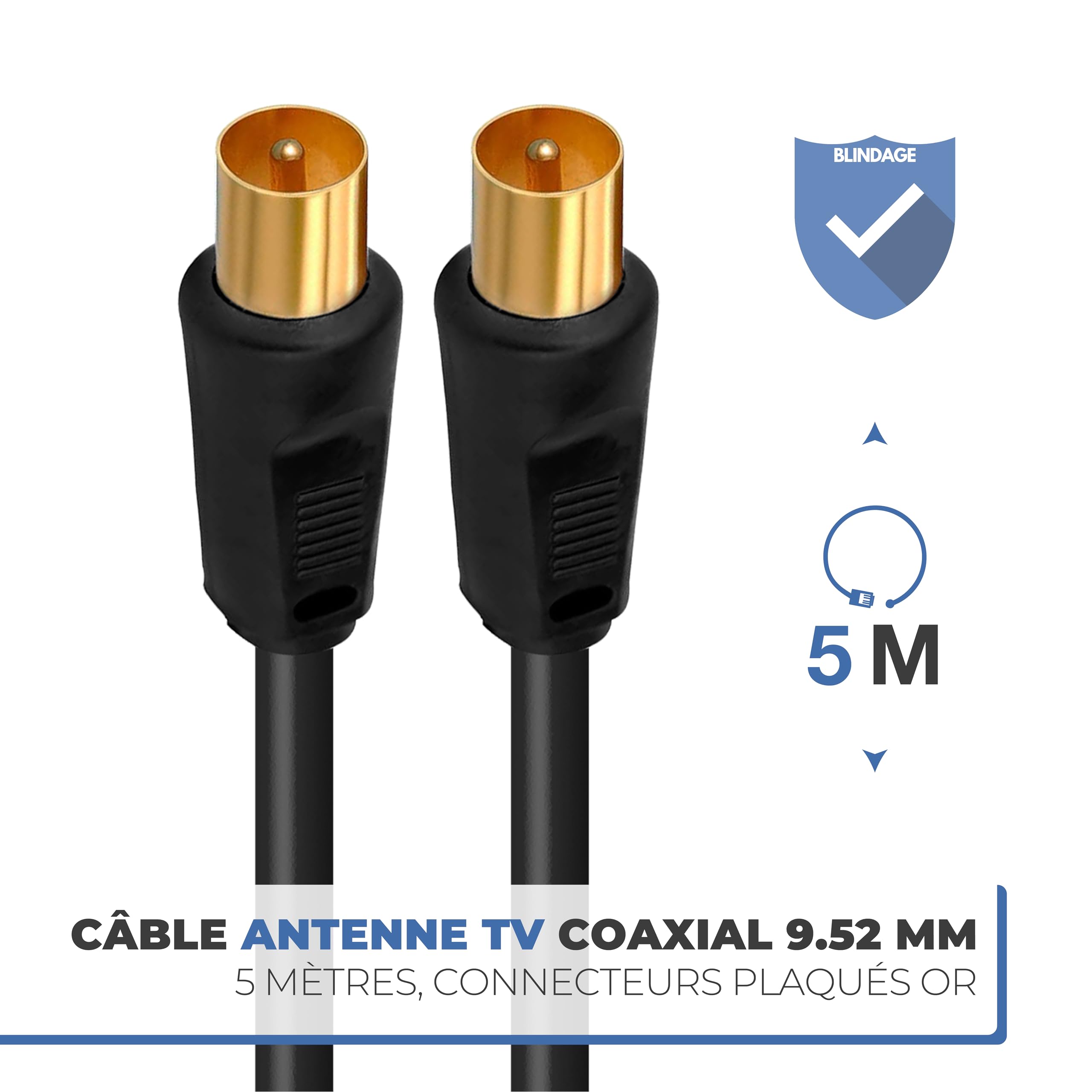 APM Câble TV Antenne 9.52mm, 5 Mètres, Connecteurs Gold Mâle/Mâle, Cordon Coaxial Noir avec Adaptateur Femelle/Femelle Inclus, Compatible TV Décodeur TNT Fiche Murale 9.52mm, 408026, 5m