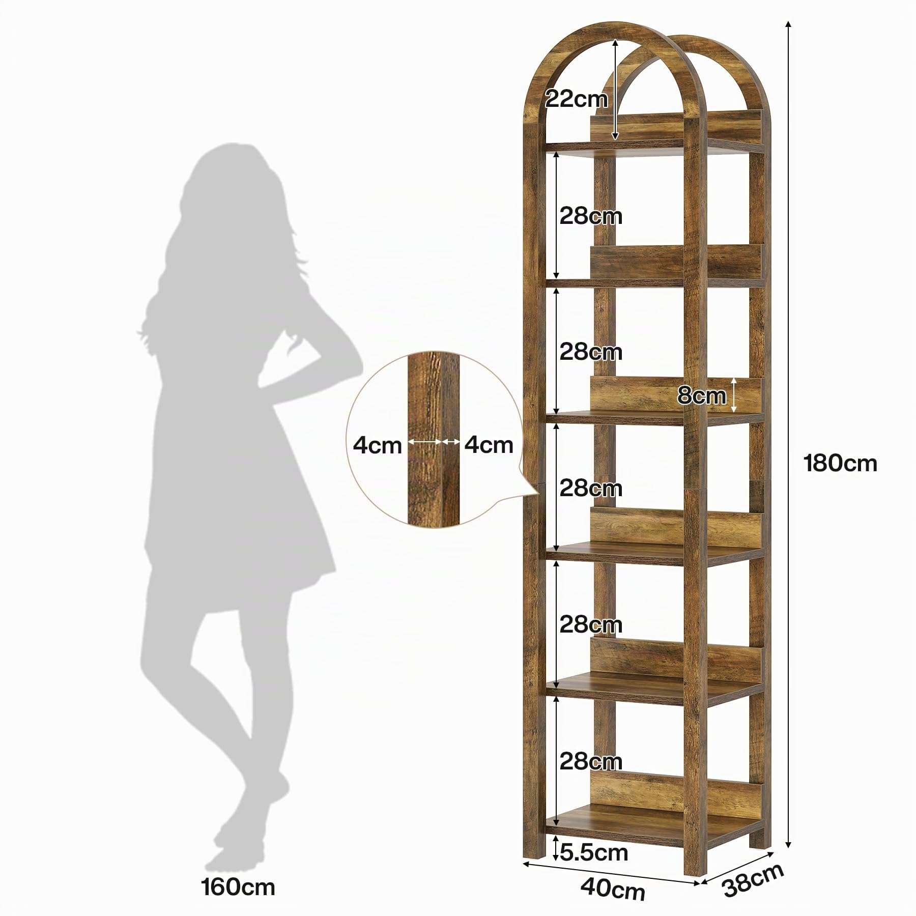 Tribesigns Estantería de 6 Niveles Alta 180 cm Pulgadas, Arqueado Madera Estantería Eelgada con Estantes de Almacenamiento Abiertos, Estante de Esquina para Sala, Oficina, Dormitorio