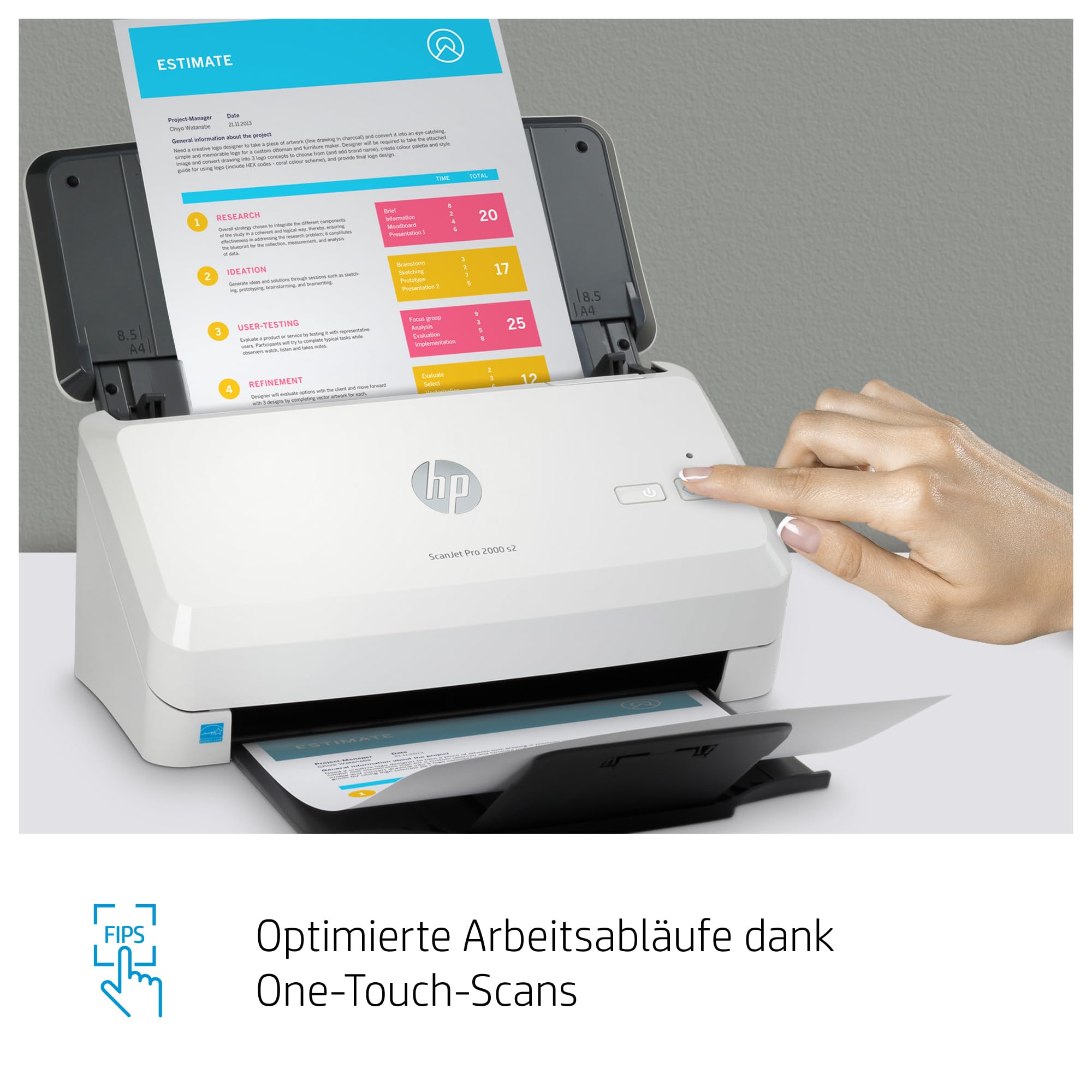 HP ScanJet Pro 2000 s2, Scanner, Einzelblattzufuhr, 50-Blatt ADF, USB 3.0, bis zu 3.500 Seiten täglich, Kurzbefehle