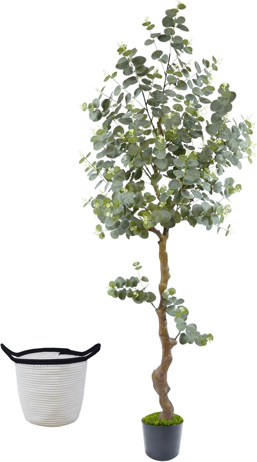 Artificial Eucalyptus Tree 6ft, Faux Plant with Basket, Fake Eucalyptus Trees with White Silver Dollar Leaves, Faux Potted Plants for Home Office Decor Indoor Outdoor
