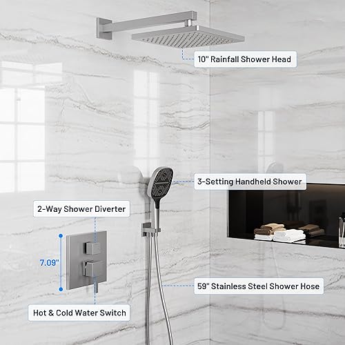 Miniatura 6 de HIMK Sistema de ducha, juego de grifo de ducha montado en la pared para baño, cabezal de ducha de lluvia de alta presión de 10.0in y 3 ajustes de