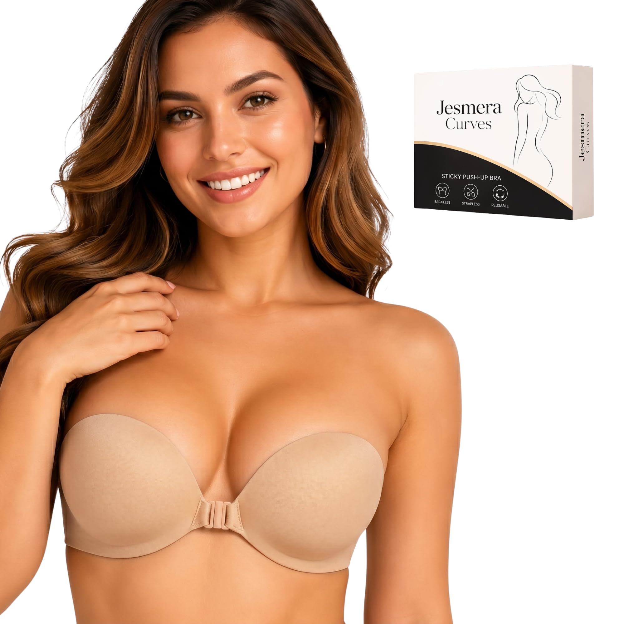 Strapless Backless Adhesive Push Up Bra for Women - Invisible Reusable Silicone Lift with Front Clasp, Seamless Stick On for Deep Neck & Backless Outfits Beige-picture-46