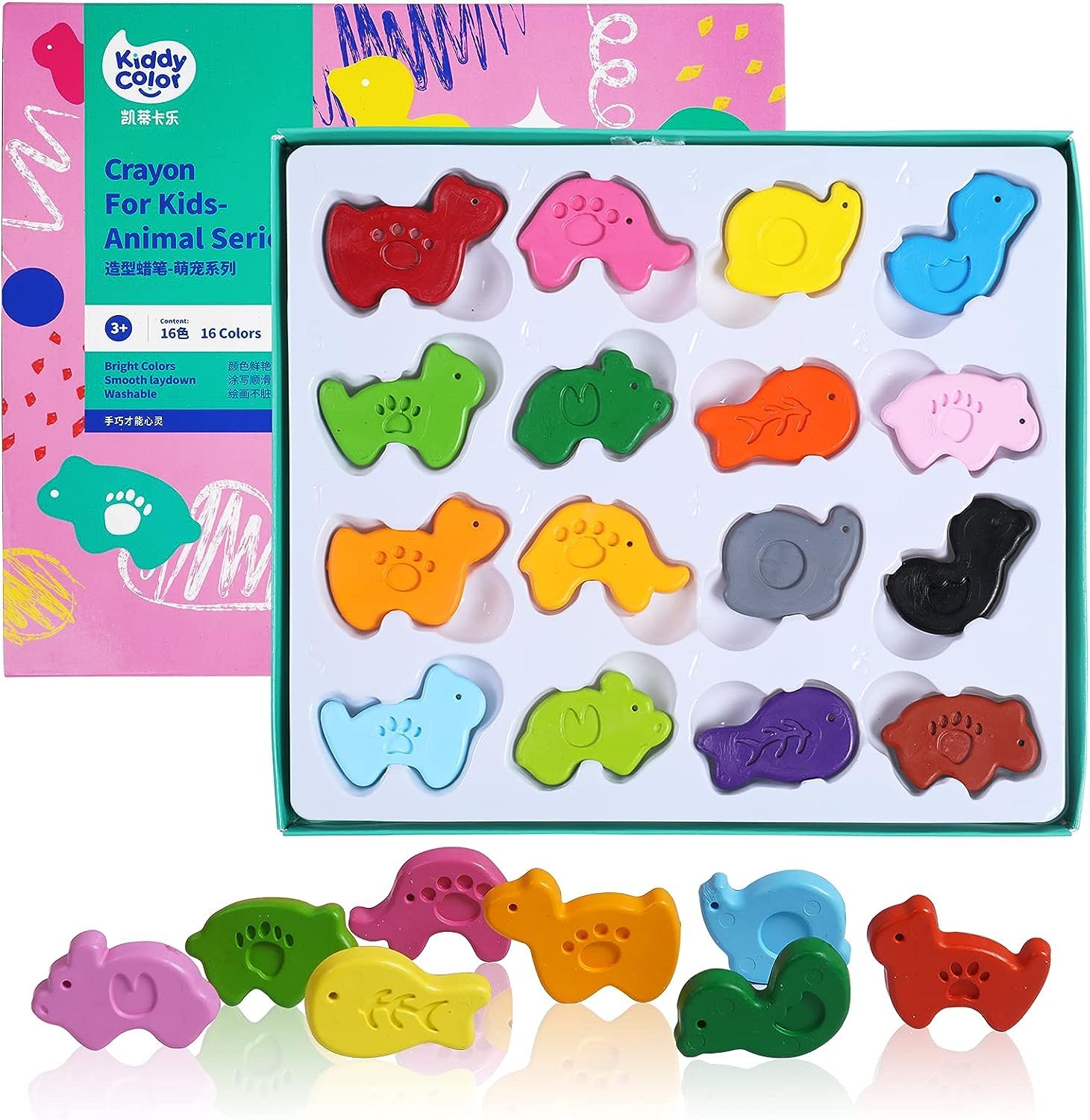 KIDDYCOLOR 16 Pack Animal-shaped Crayons for Toddler, Bulk Crayon Set, Non-Toxic Washable Crayons, School Supplies Gift for Kids, Christmas & Birthday Gift for Kids