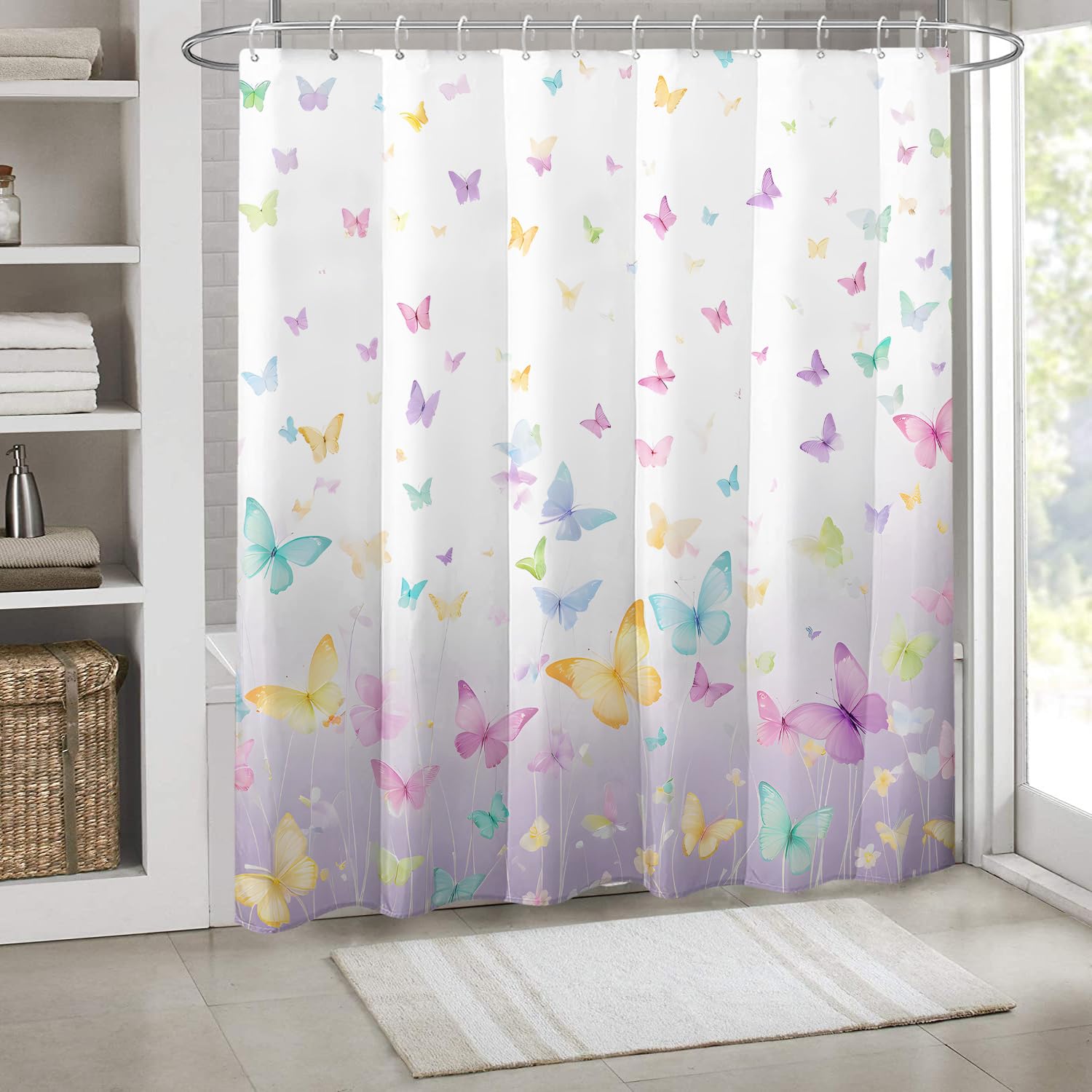 1 Cortina de Ducha con Estampado de Mariposas sobre Fondo Blanco, Tela de poliéster con Ganchos, Estilo Sencillo para Ventana (300x200cm/118x79in(WxH))