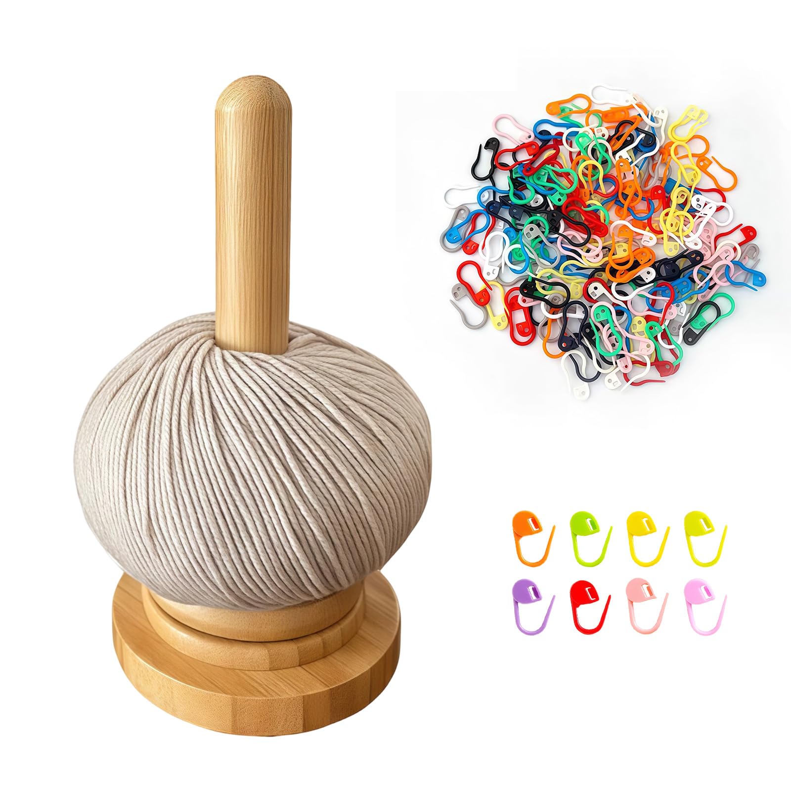 Premium Bamboo Yarn & Wool Holder with 50 Random Color Stitch Markers - Rotating Spinner for Tangle-Free Crochet and Knitting, Portable Craft Gift