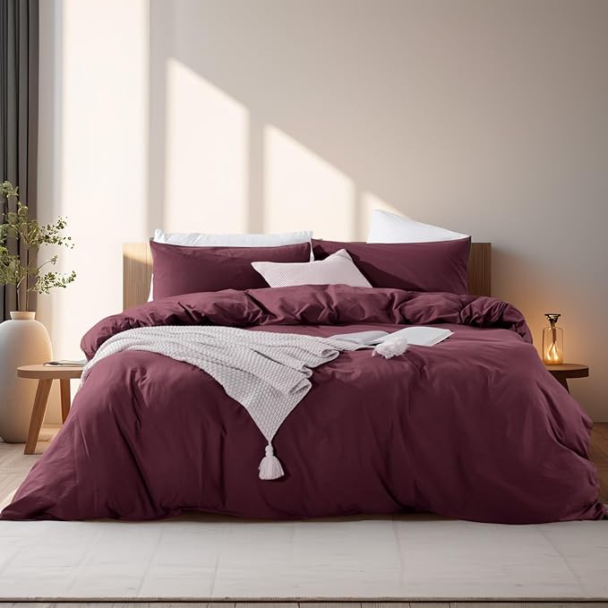 NEXHOME PRO Duvet Cover Set King Size Linen Look Textured Organic Natural 100% Washed Cotton Duvet Cover Burgundy Dark Red 3 Pieces Bedding Set with Zipper, Breathable (No Comforter)
