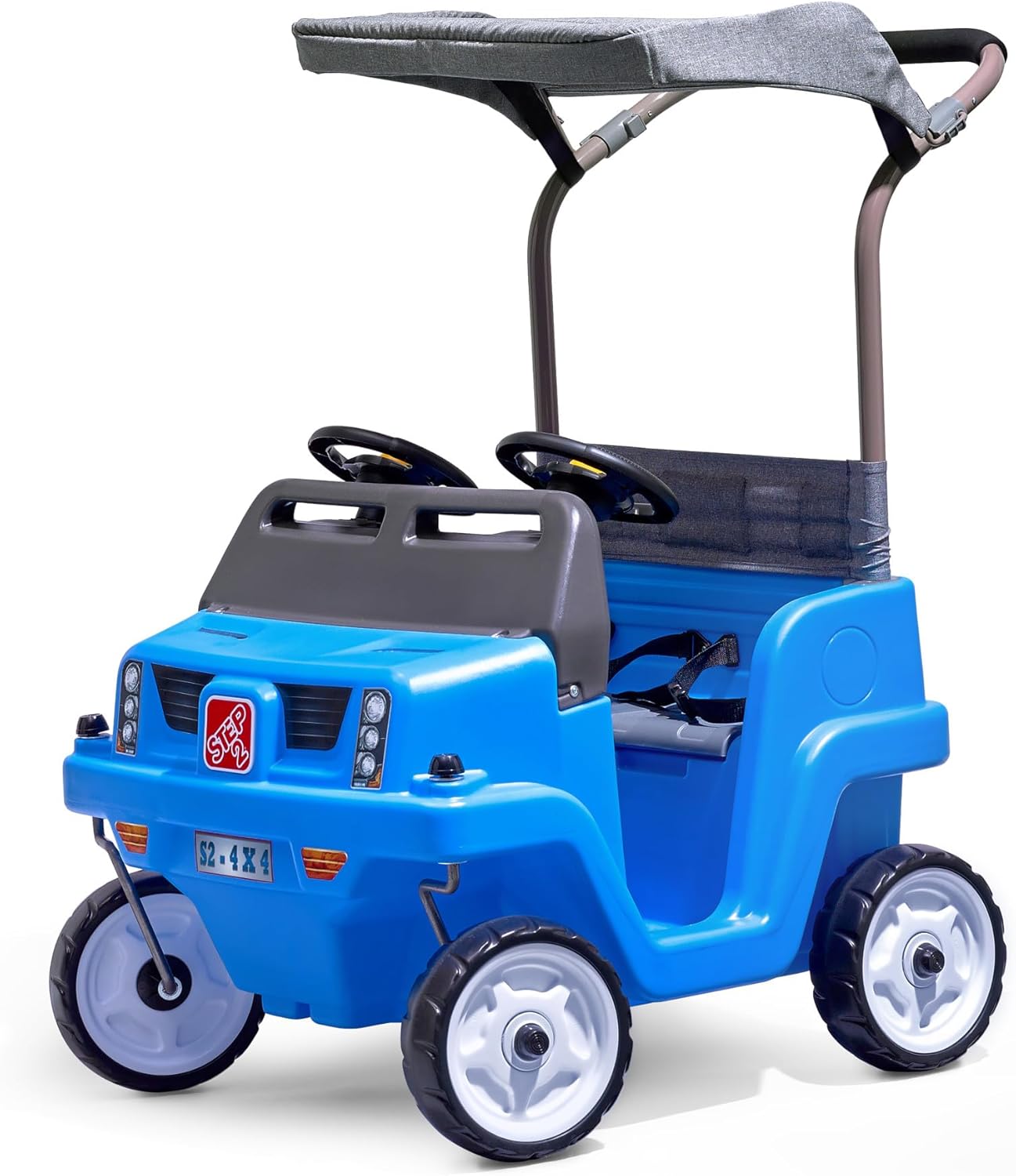 Step2 Side-by-Side Push Around SUV, 2-Seater Kids Push Car with Seat Belts, Dual Steering Wheels & Horns, Adjustable Canopy, Ages 18 months–5 years, Max 100 lbs., Durable Plastic, Blue