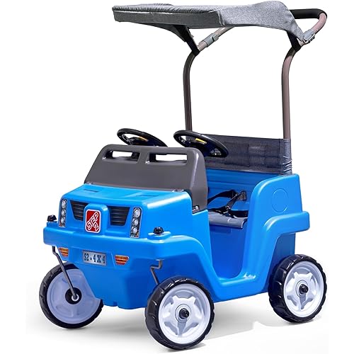 Step2 Side-by-Side Push Around SUV, 2-Seater Kids Push Car with Seat Belts, Dual Steering Wheels & Horns, Adjustable Canopy, Ages 18 months–5 years, Max 100 lbs., Durable Plastic, Blue