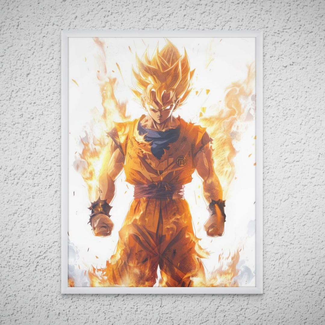 – Art Decor Framed Fine Art of Goku Super Saiyan Wall Art Dragon Ball Z Character Portrait Anime Art Print Wall Décor for Bedroom Boys' Room Living Room Office Gaming Room 60x80cm