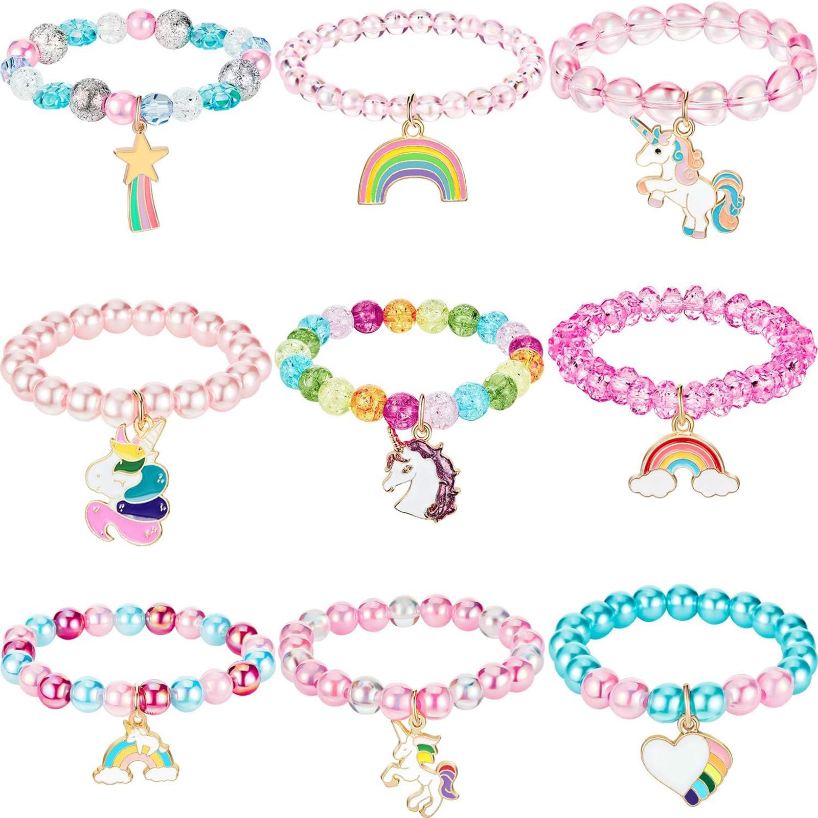 Hicarer 9 Pcs Unicorn Rainbow Bracelets Beaded Jewelry for Unicorn Party Favors Gala Accessories Easter Basket Stuffers Goodie Bag Fillers Gift(Bead Style)