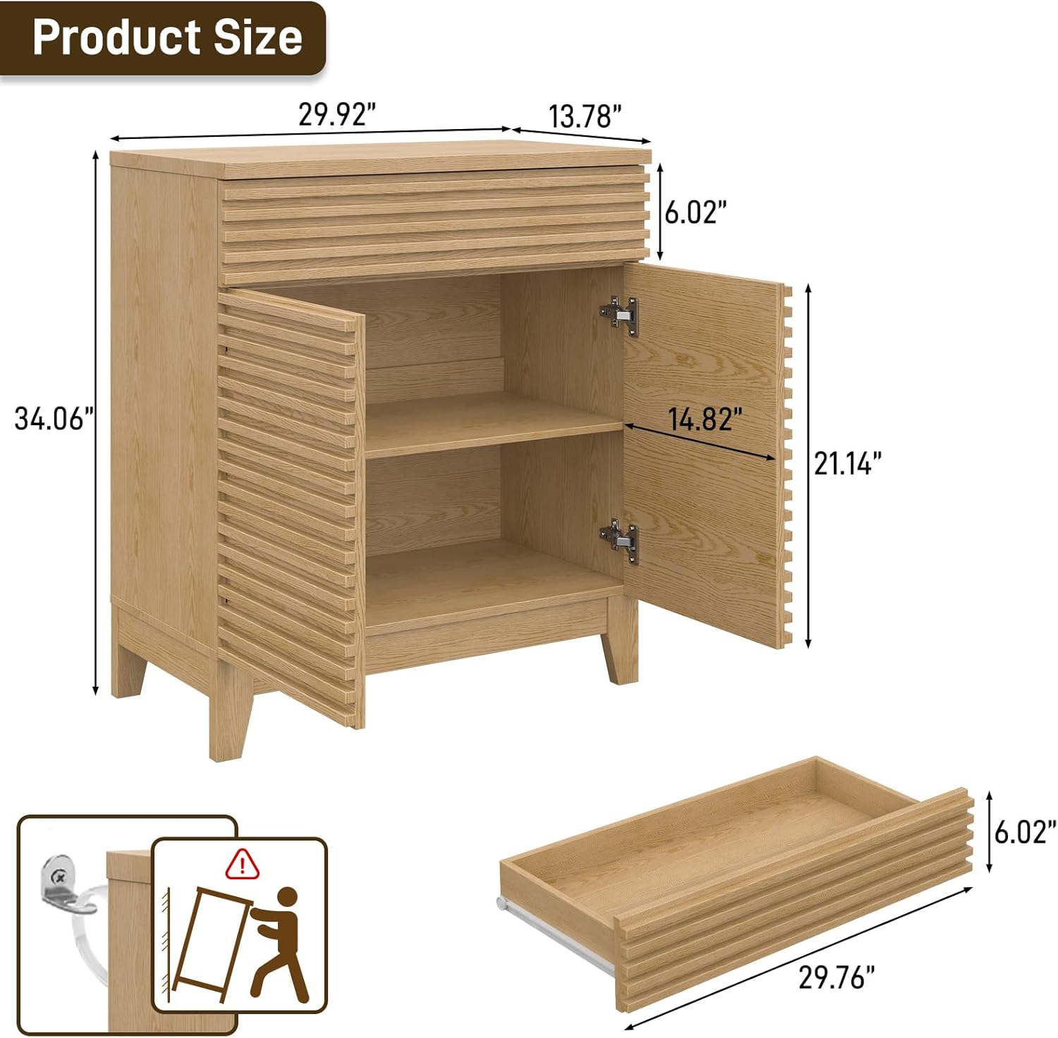 Vabches Fluted Buffet Cabinet with Storage, Coffee Bar Cabinet with a Drawer, Sideboard Buffet Kitchen Storage Cabinets with Adjustable Shelves for Living Room, Kitchen, Natural Oak