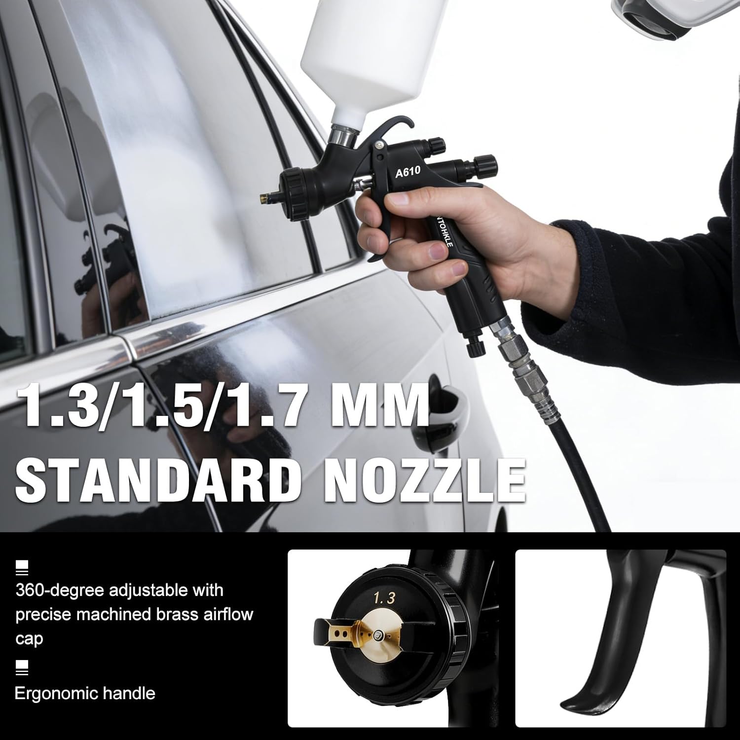 R500 LVLP Air Spray Gun with 1.3/1.5/1.7mm Nozzles & Air Regulator, A610 Paint Guns Automotive Premium Kit LVLP Paint Gun Sprayer for Cars, House Painting, Clear&Top Coat